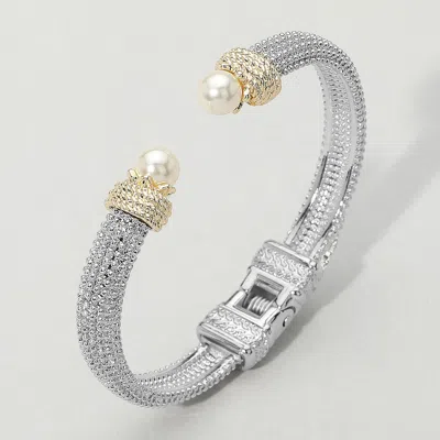 Fashnzfab Pearl Tip Two Tone Textured Hinged Cuff Bracelet In Silver