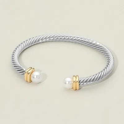 Fashnzfab Pearl Tip Two Tone Twisted Cable Cuff Bracelet In Gold
