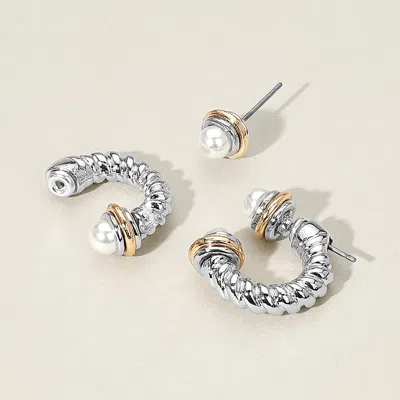 Fashnzfab Pearl Tip Two Tone Twisted Metal Ear Jacket Earrings - Cream, Rhodium In Metallic