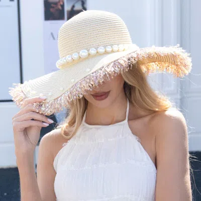 Fashnzfab Pearl Trim Band Frayed Edge Wide Brim Straw Sun Hat In Neutral