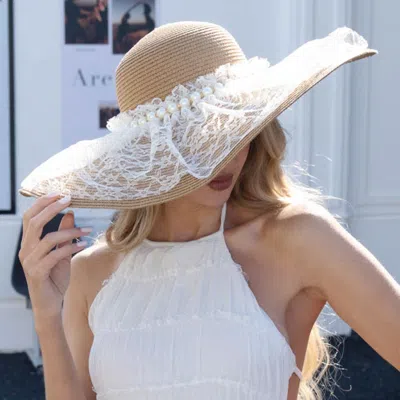 Fashnzfab Pearl Trim Lace Wide Brim Straw Sun Hat In Brown