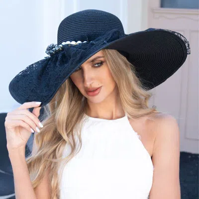 Fashnzfab Pearl Trim Lace Wide Brim Straw Sun Hat In Multi