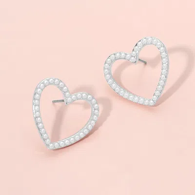 Fashnzfab Pearl Trim Open Heart Stud Earrings In Silver