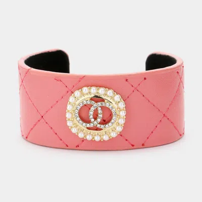 Fashnzfab Pearl Trimmed Rhinestone Double Open Circle Accented Faux Leather Cuff Bracelet In Pink