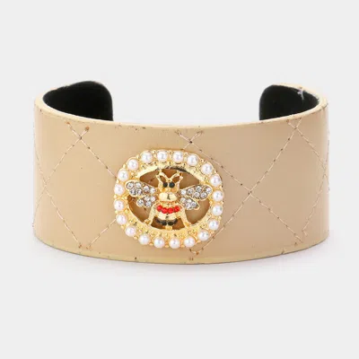 Fashnzfab Pearl Trimmed Rhinestone Honey Bee Accented Faux Leather Cuff Bracelet Cream, Gold, Neutral In Silver