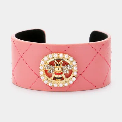 Fashnzfab Pearl Trimmed Rhinestone Honey Bee Accented Faux Leather Cuff Bracelet Cream, Gold, Pink In Multi