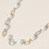 Fashnzfab Pearl Two Tone Metal Link Necklace In Gold