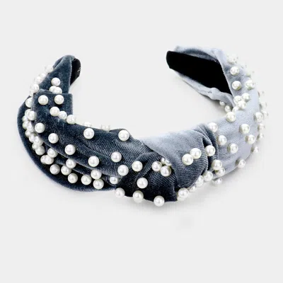 Fashnzfab Pearl Velvet Knotted Headband In Beige