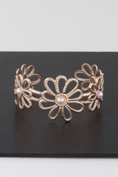 Fashnzfab Pearled Flower Cuff Bracelet In Gold