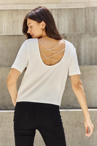 Fashnzfab Pearly White Full Size Criss Cross Pearl Detail Open Back T-shirt