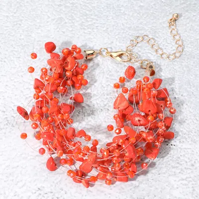 Fashnzfab Pebble Faceted Beads Transparent Thread Multi Layered Strand Bracelet In Red