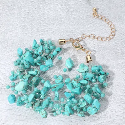 Fashnzfab Pebble Faceted Beads Transparent Thread Multi Layered Strand Bracelet Gold, Turquoise