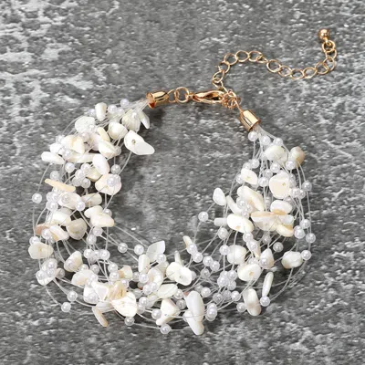 Fashnzfab Pebble Pearl Beads Transparent Thread Multi Layered Strand Bracelet Cream, Gold, Neutral