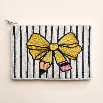 Fashnzfab Pencil Bow Striped Seed Beaded Mini Pouch Bag In Multi