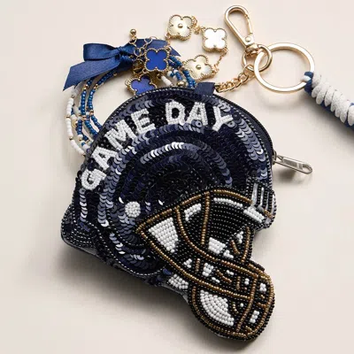 Fashnzfab Penn State Game Day Football Helmet Sequin Seed Beaded Knot Keychain Mini Pouch Bag In Blue