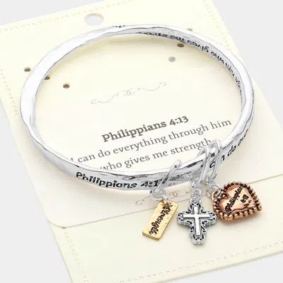 Fashnzfab Philippians 4:13 Religious Message Metal Bangle Bracelets - Three Tone In Multi