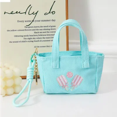 Fashnzfab Pickleball Paddle Embroidered Mini Canvas Tote Bag Keychain Bag Charm In Blue