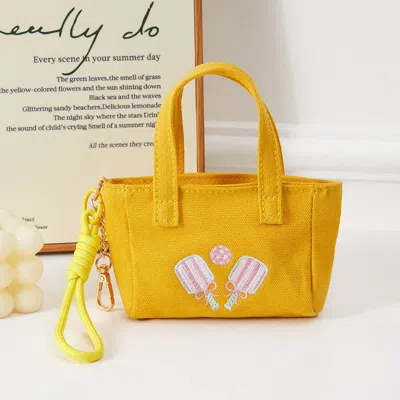 Fashnzfab Pickleball Paddle Embroidered Mini Canvas Tote Bag Keychain Bag Charm In Yellow