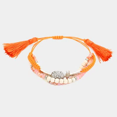Fashnzfab Pineapple Accented Double Tassel Adjustable Cinch Pull Tie Bracelet Ivory, Rhodium In Pink