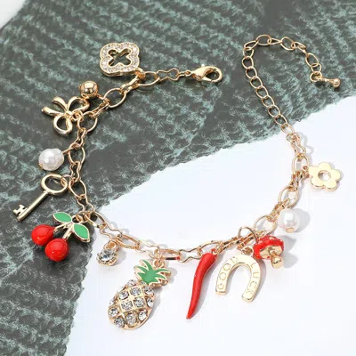 Fashnzfab Pineapple Cherry Chili Quatrefoil Bow Key Pearl Mushroom Flower Good Luck Horseshoe Charm Station Br In Gold