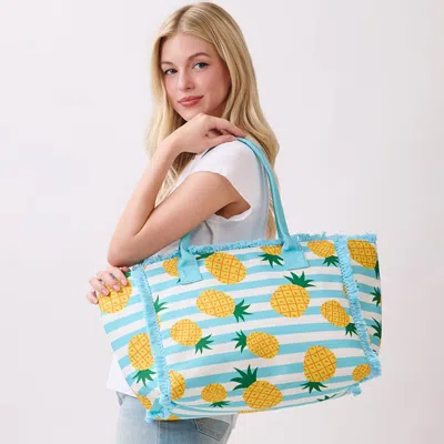 Fashnzfab Pineapple Pattern Stripe Fringe Trim Shoulder Tote Bag In Blue