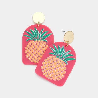 Fashnzfab Pineapple Printed Resin Dangle Earrings - Pink, Worn Gold In Brown
