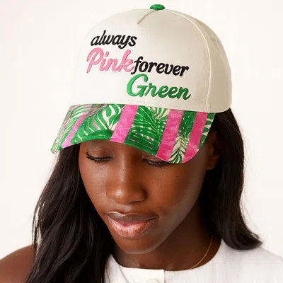 Fashnzfab Pink Green Message Embroidered Palm Tree Pattern Printed Brim Baseball Cap In Multi