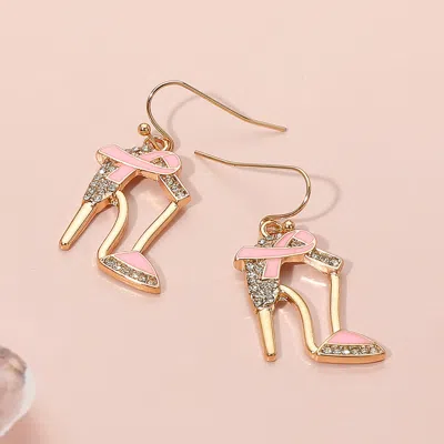 Fashnzfab Pink Ribbon Accent Rhinestone Paved High Heel Dangle Earrings - Gold, Light, Pink