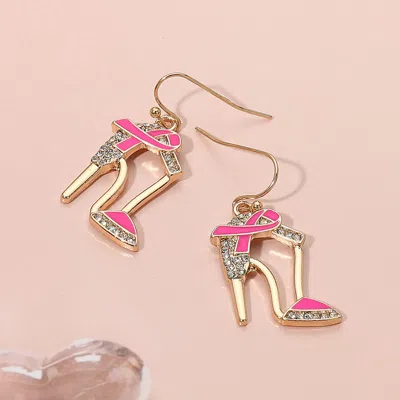 Fashnzfab Pink Ribbon Accent Rhinestone Paved High Heel Dangle Earrings - Gold, Pink