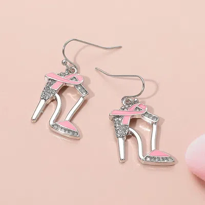 Fashnzfab Pink Ribbon Accent Rhinestone Paved High Heel Dangle Earrings - Light, Pink, Rhodium In Metallic