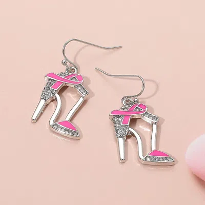 Fashnzfab Pink Ribbon Accent Rhinestone Paved High Heel Dangle Earrings - Pink, Rhodium In Multi