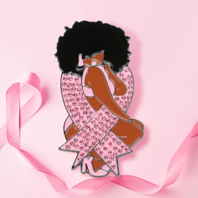 Fashnzfab Pink Ribbon Accented Enamel Metal Afro Girl Pin Brooch