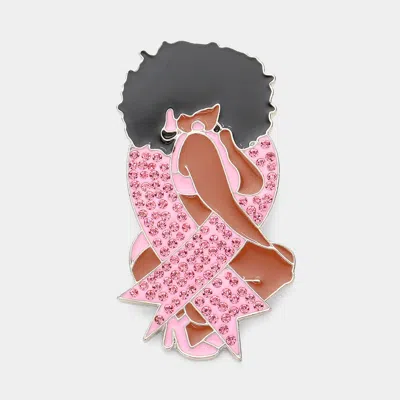 Fashnzfab Pink Ribbon Accented Enamel Metal Afro Girl Pin Brooch