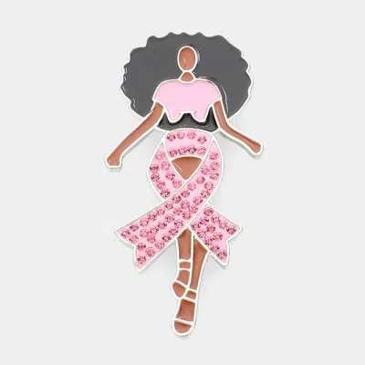 Fashnzfab Pink Ribbon Accented Enamel Metal Afro Girl Pin Brooch