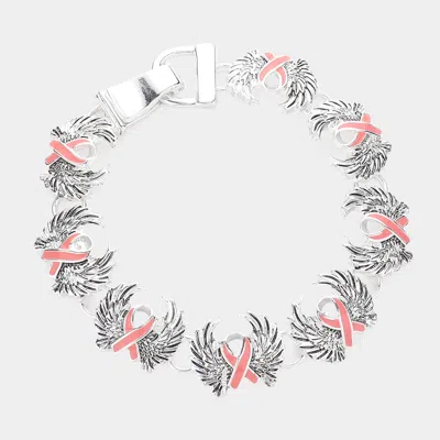 Fashnzfab Pink Ribbon Accented Metal Wings Link Magnetic Bracelet Pink In Multi