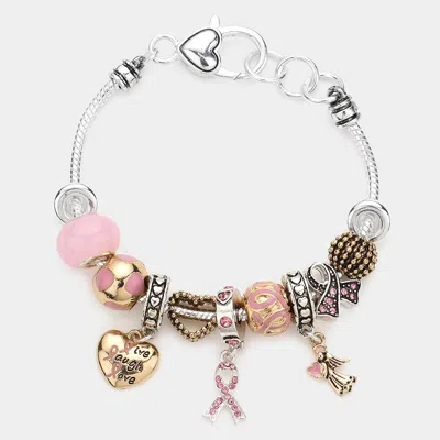 Fashnzfab Pink Ribbon Angel Heart Multi Bead Charm Bracelet In Metallic