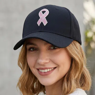 Fashnzfab Pink Ribbon Bling Studded Pointed Baseball Cap In Black