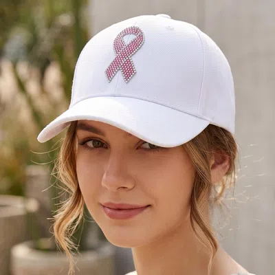 Fashnzfab Pink Ribbon Bling Studded Pointed Baseball Cap White