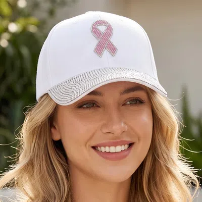 Fashnzfab Pink Ribbon Bling Studded Pointed Baseball Cap In White