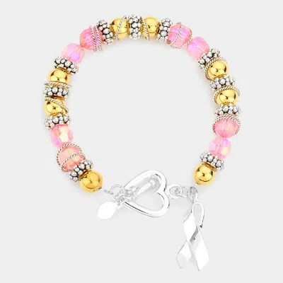 Fashnzfab Pink Ribbon Charm Beaded Toggle Bracelet Gold