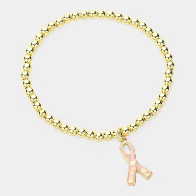 Fashnzfab Pink Ribbon Charm Pointed Stainless Steel Ball Beaded Stretch Bracelet In Gold