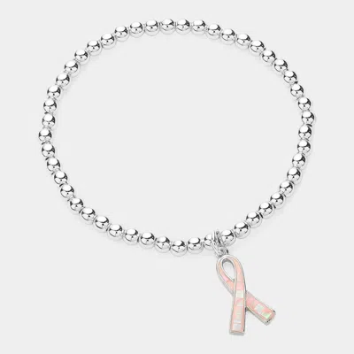 Fashnzfab Pink Ribbon Charm Pointed Stainless Steel Ball Beaded Stretch Bracelet Pink, Silver In Multi