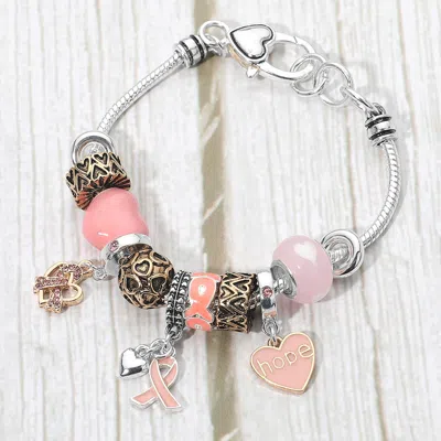 Fashnzfab Pink Ribbon Heart Hope Message Multi Bead Charm Bracelet