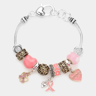 Fashnzfab Pink Ribbon Heart Hope Message Multi Bead Charm Bracelet Pink, Two Tone
