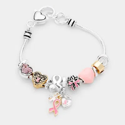 Fashnzfab Pink Ribbon Hope Multi Bead Bracelet Gold, Pink, Silver