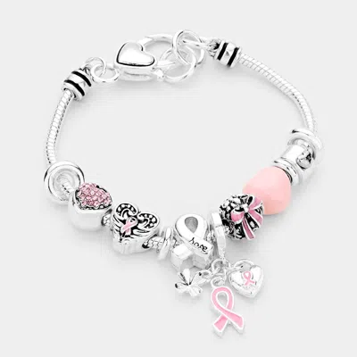 Fashnzfab Pink Ribbon Hope Multi Bead Bracelet Pink, Silver