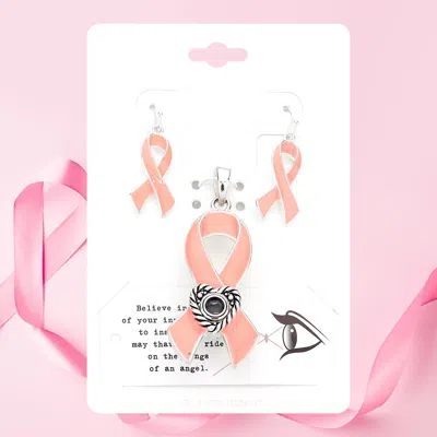 Fashnzfab Pink Ribbon Message Lens Pendant Set - Black, Pink, Silver Burnished In Multi