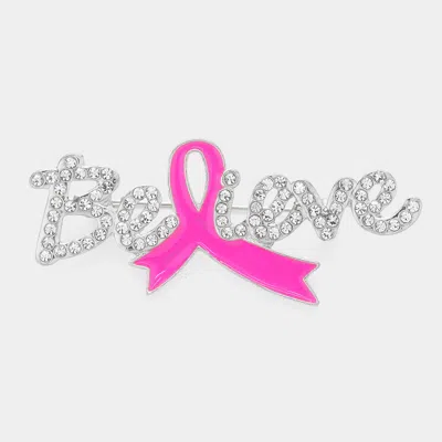 Fashnzfab Pink Ribbon Pointed Stone Paved Believe Message Pin Brooch In Metallic
