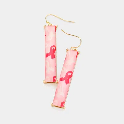 Fashnzfab Pink Ribbon Printed Rectangle Dangle Earrings - Pink In Red