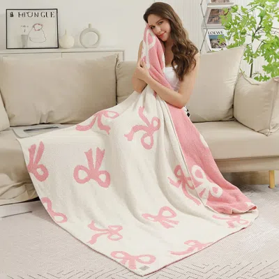 Fashnzfab Pink Ribbons / Bows Reversible Throw Blanket